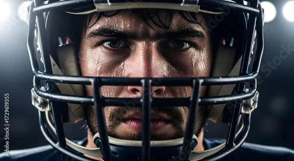 Fototapeta Determined American football player with intense gaze on the field, sweat dripping during a thrilling game under bright stadium lights
