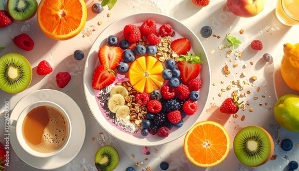 Fototapeta A vibrant, overhead shot of a healthy breakfast. A white bowl filled with granola and berries sits center stage. Other fruits are scattered