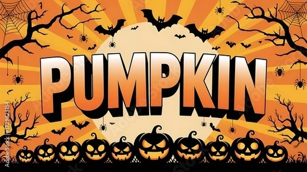 Fototapeta Halloween poster featuring large, bold 3D letters spelling PUMPKIN , halloween banner template design created with generative ai