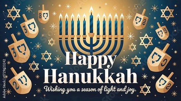Fototapeta Hanukkah greeting card design centered around a stylized, glowing menorah with eight candles radiating warm light banner created with generative ai