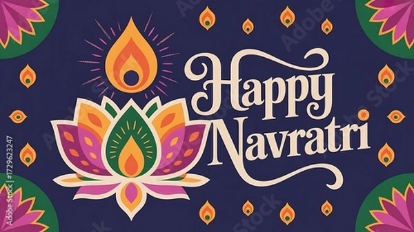 Fototapeta Navratri greeting card featuring a stylized lotus flower bursting with colorful, geometric patterns webite template banner indian event created with generative ai