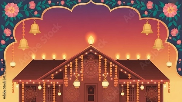 Fototapeta Diwali festival background with glowing orange and red gradient, decorative mandala patterns, marigold flower garlands, and golden hanging bells created with generative ai