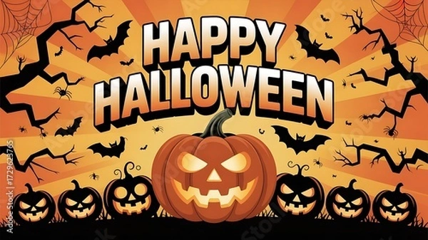 Fototapeta Halloween sale banner HALLOWEEN SALE Orange burst background with bats flying, spider webs, and creepy tree branches template and background sale created with generative ai