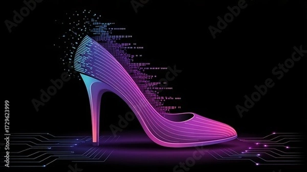 Fototapeta High-heeled shoe made of digital pixels dissolving into lines of code, futuristic fashion created with generative ai