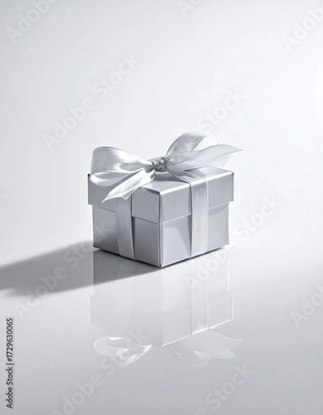 Fototapeta Silver Gift Box with Bow and Ribbon on Reflective Surface