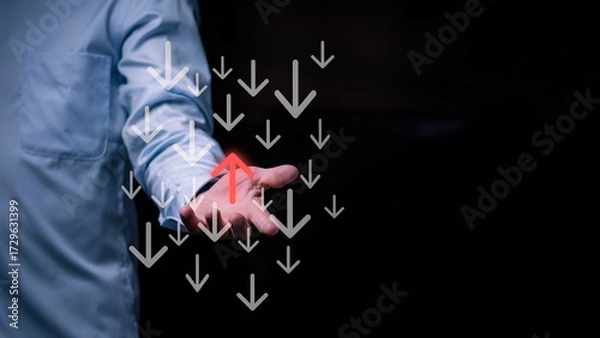 Fototapeta Red arrow pointing upward in opposite direction among gray arrows, symbolizing different choices, unique direction, innovation, and better outcomes