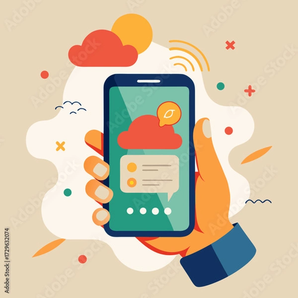 Obraz A side-view of a person's hand holding a smartphone. A friendly, abstract chat bubble emerges from the screen with simple AI responses like "Recipe found!" or "Weather forecast sunny." The style is wa