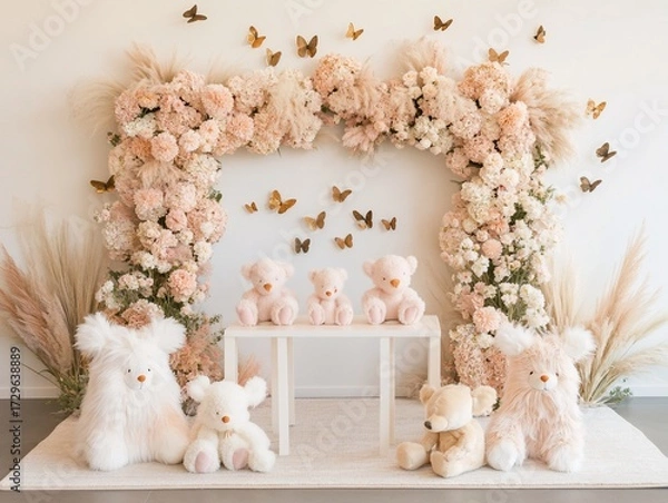 Obraz Charming Teddy Bears Displayed with Floral Arch and Butterfly Accents