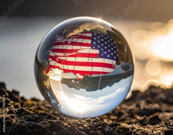 Fototapeta American Flag Reflected in Glass Crystal Ball with Sunset Background”