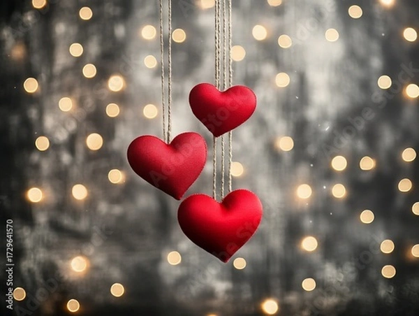 Obraz Romantic Valentine's Day, Three red heart ornaments against a bokeh background