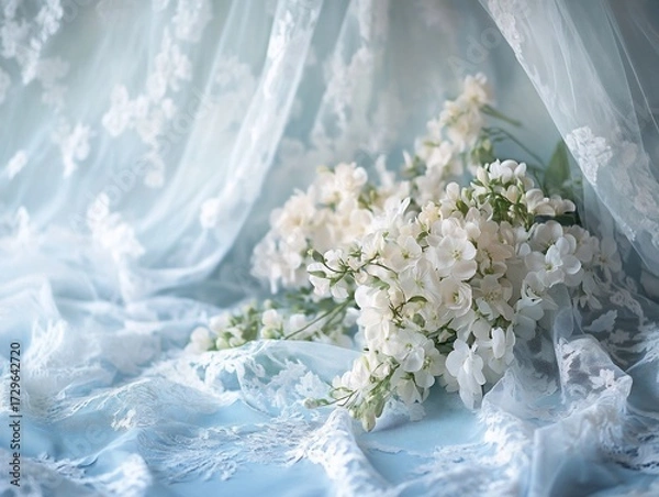Obraz Delicate white flowers on soft blue lace create a serene ambiance