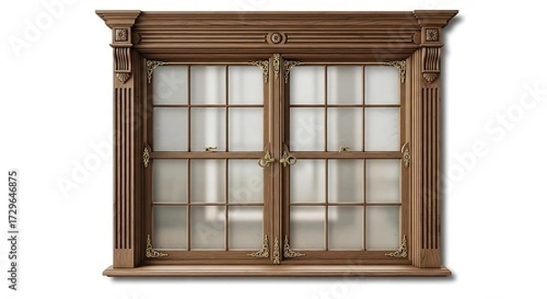 Obraz Ornate Wooden Window with Decorative Gold Accents and Frosted Glass Panes