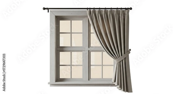 Obraz Rustic Window with Gray Curtains Tied Back, Isolated on White Background