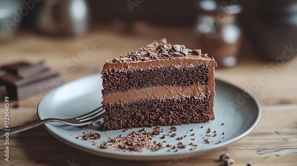 Obraz Delicious slice of chocolate fudge cake with cream filling and toppings on a plate