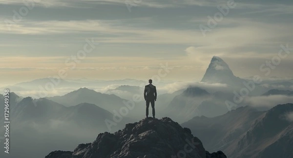 Fototapeta Man stands on a mountain top, viewing a vast landscape of peaks.