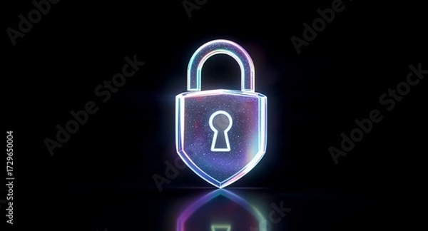 Fototapeta Neon glowing lock security symbol on black background