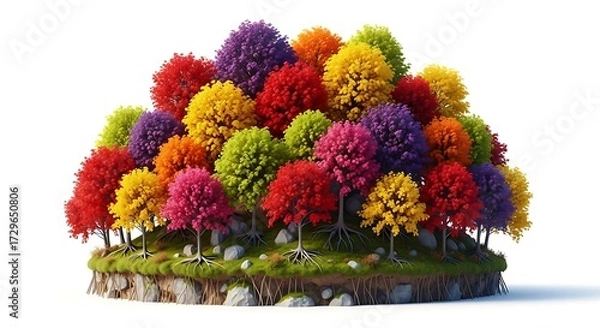 Fototapeta Vibrant Fantasy Forest: Colorful Trees on Floating Island, Isolated White