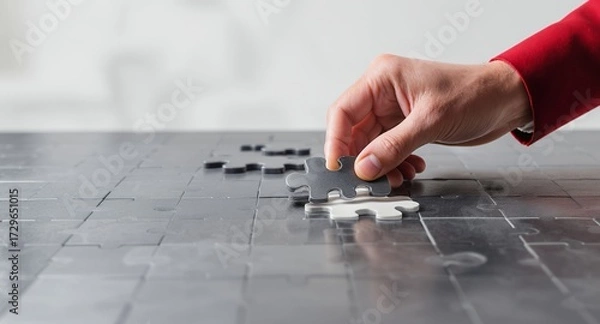 Fototapeta Putting the final piece of the puzzle, concept of completion