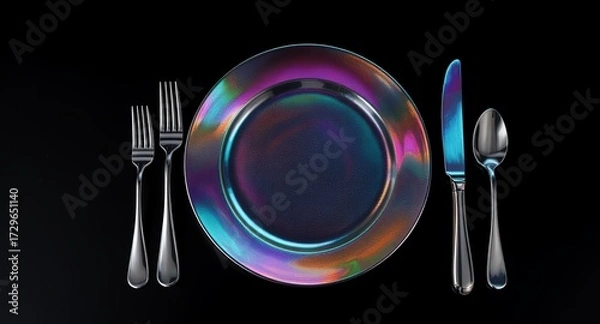 Fototapeta Rainbow colored tableware setting on black background