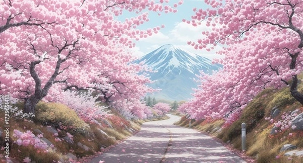 Fototapeta Road Lined with Cherry Blossoms Under a Mountainous Backdrop