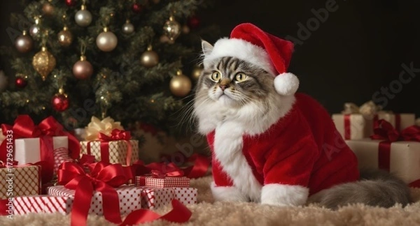 Fototapeta Santas Little Helper Feline in Festive Holiday Attire with Gifts and Decorations