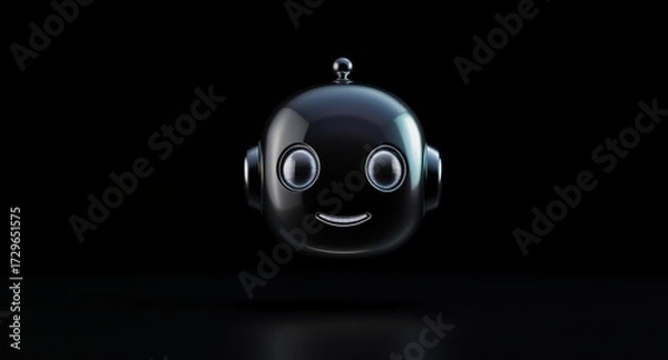 Fototapeta Shiny Robot Face Smiling Against Black Background
