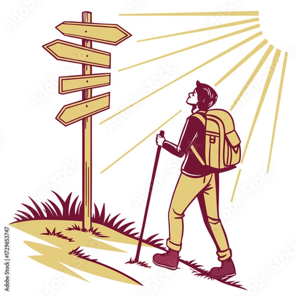 Fototapeta A lone hiker stands at a crossroads signpost looking up at the sun contemplating their next direction on a journey