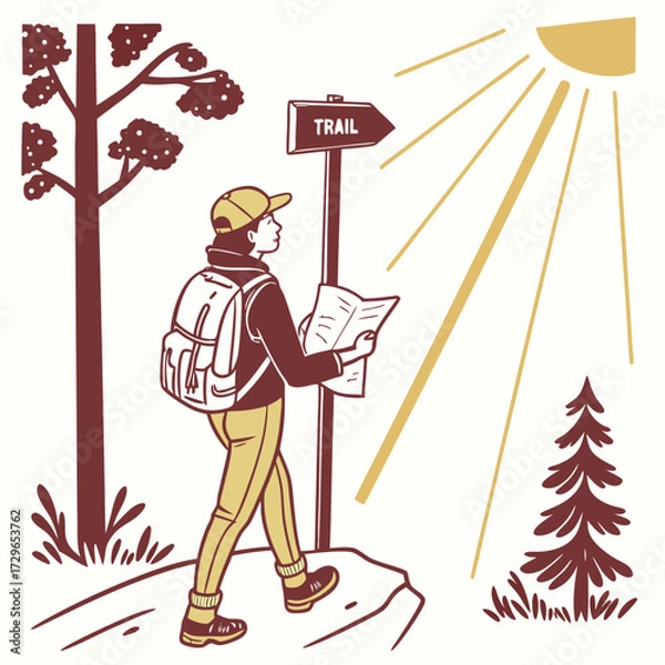 Fototapeta A hiker with a backpack consults a map at a trail signpost on a sunny day in the woods surrounded by trees and foliage