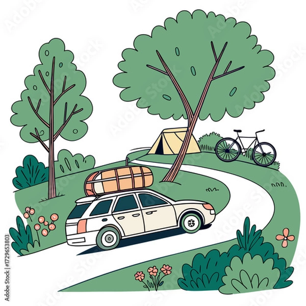Fototapeta A charming hand drawn illustration depicts a car with camping gear on its roof driving along a winding road towards a campsite with a tent and bicycle surrounded by trees and flowers