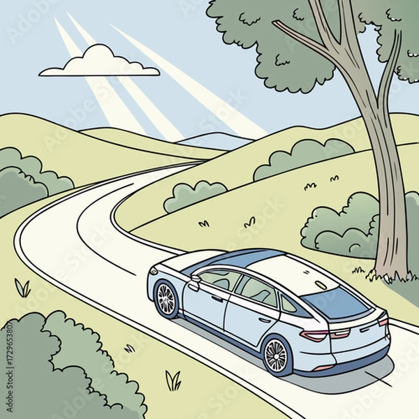 Fototapeta A light blue modern sedan drives along a winding road through rolling green hills under a bright sunny sky with sunbeams and a single fluffy cloud