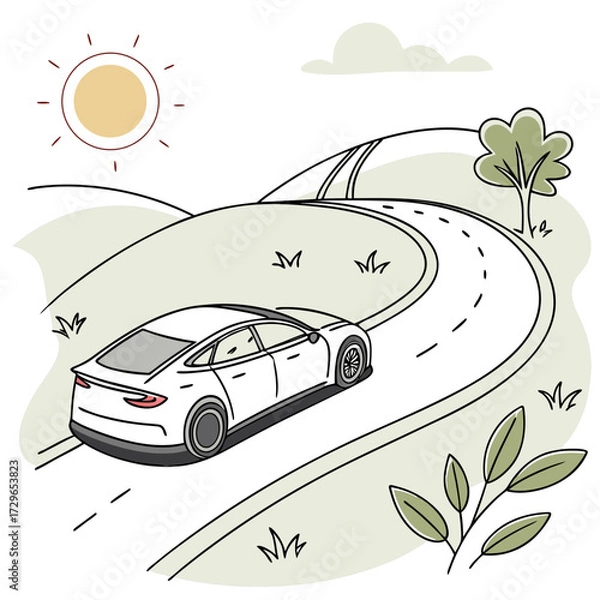 Fototapeta A white sedan drives along a winding road through rolling hills under a bright sun and a single cloud symbolizing travel and freedom