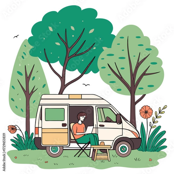 Fototapeta A person sits in a camping chair outside a camper van working on a laptop amidst a serene natural landscape with trees and flowers