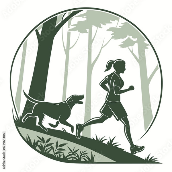 Fototapeta Silhouette of a woman and her dog running together on a forest trail symbolizing outdoor activity and companionship within a circular emblem