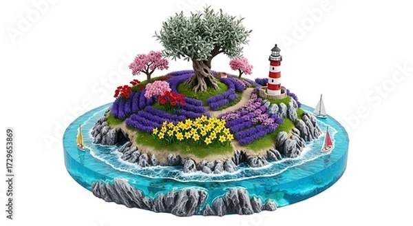 Obraz Miniature Island Paradise: Lighthouse, Flowers, Boats, and Serene Ocean View.
