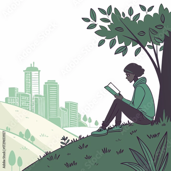 Fototapeta A young person sits under a tree on a grassy hill reading a book with a city skyline in the background symbolizing urban escape and peaceful contemplation
