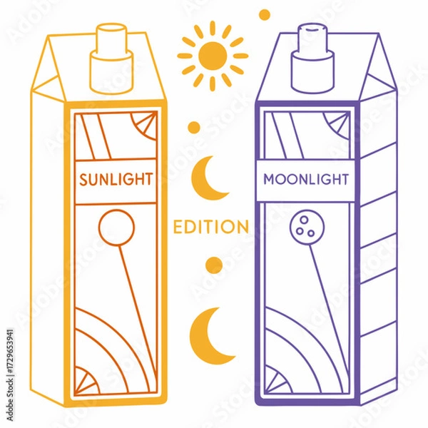 Fototapeta Sunlight and moonlight edition beverage cartons with sun and moon graphics symbolizing day and night contrast in a stylized design