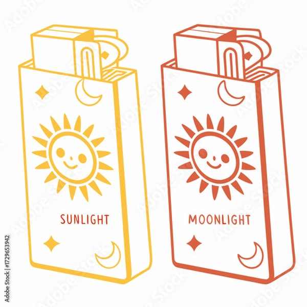 Fototapeta Two stylized tarot card boxes one yellow with a sun and the word sunlight the other orange with a sun and the word moonlight set against a white background