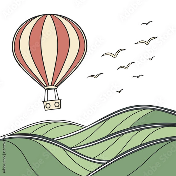 Fototapeta A whimsical illustration of a red and cream striped hot air balloon floating above rolling green hills with a flock of birds flying in the sky