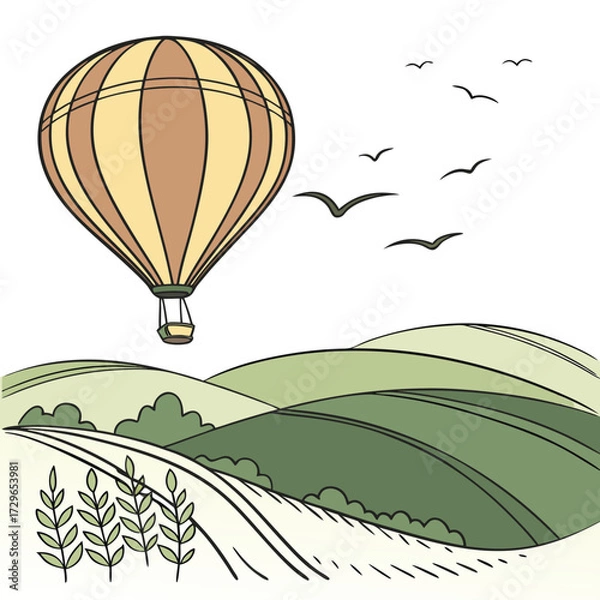 Fototapeta A whimsical illustration of a vintage hot air balloon drifting peacefully over rolling green hills and fields with a flock of birds soaring in the sky above