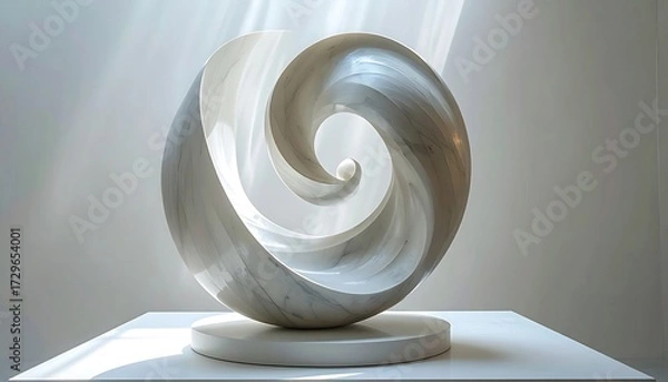 Obraz Polished marble sphere sculpture with swirling, dynamic form, displayed on a white pedestal