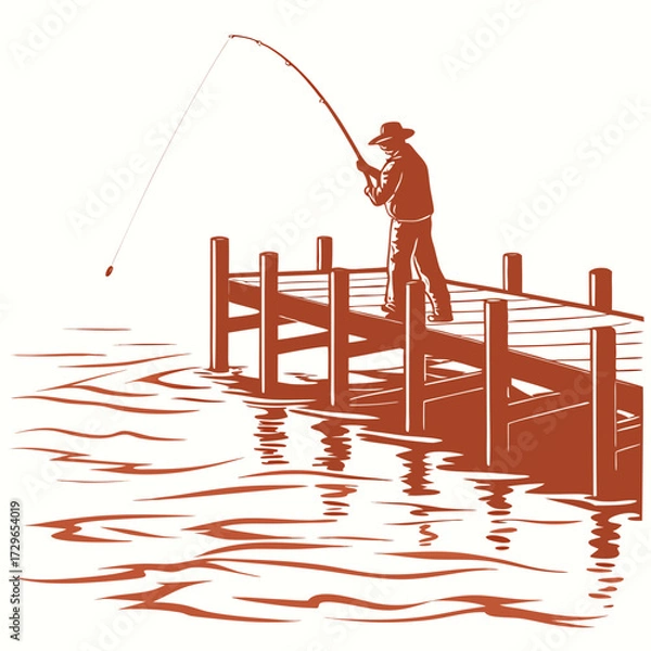 Fototapeta Silhouette of a fisherman standing on a wooden pier casting a fishing line into the rippling water with a hat on his head and a reflection below