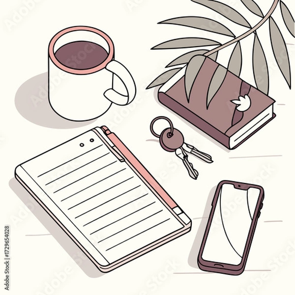 Fototapeta A flat lay arrangement of everyday essentials including a coffee mug a notebook keys a smartphone and a tropical leaf on a light background