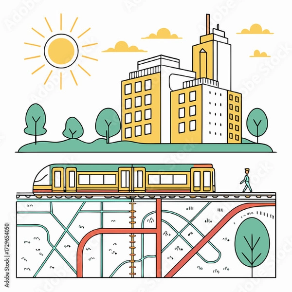 Fototapeta Modern city skyline with a bright sun and clouds above a train on tracks and an underground subway map with trees and a pedestrian walking