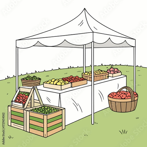Fototapeta A charming illustration of a farmer s market stall overflowing with fresh produce including apples lemons and leafy greens displayed under a white canopy on a sunny day