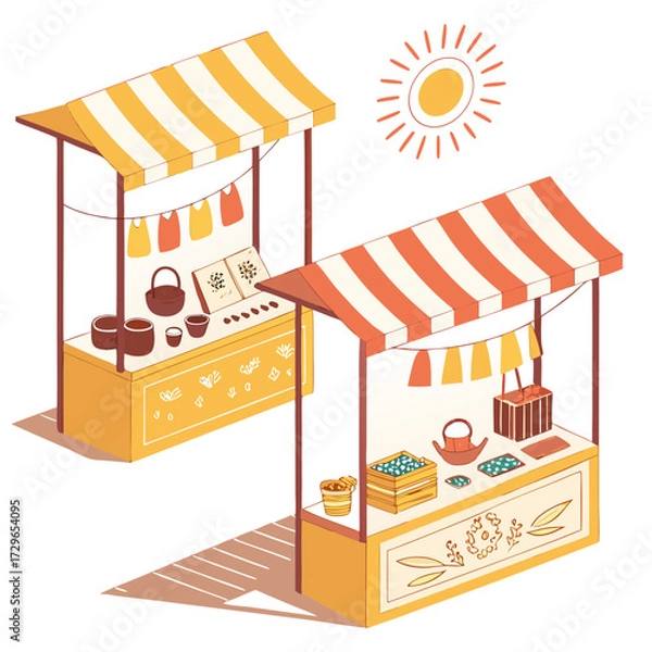 Fototapeta Two charming isometric market stalls with striped awnings display various goods like pottery seeds and produce under a bright cartoon sun evoking a lively outdoor bazaar
