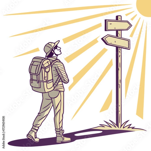 Fototapeta A hiker with a backpack stands at a crossroads looking up at a directional signpost under a bright radiating sun symbolizing choice and journey