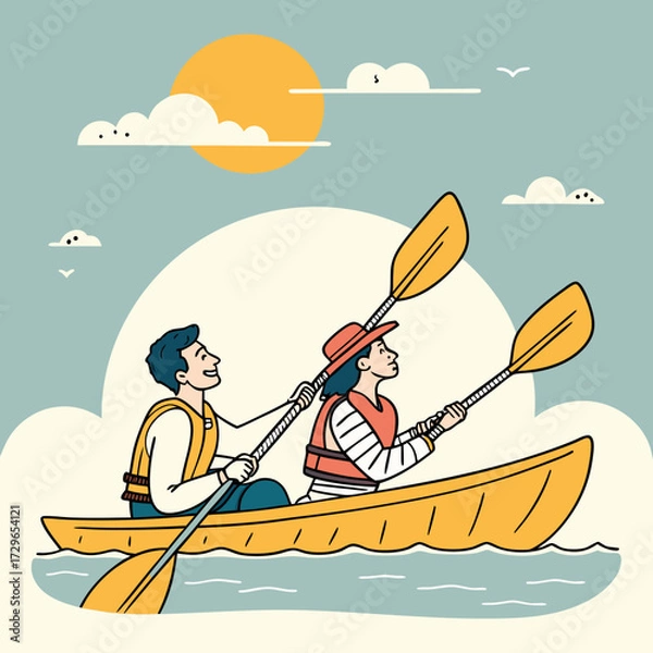 Fototapeta Couple enjoys a sunny day kayaking together on the water paddling in a yellow canoe under a bright sun and fluffy clouds with birds flying in the sky