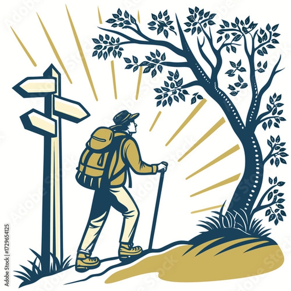 Fototapeta A lone hiker with a backpack and walking stick pauses at a crossroads signpost bathed in golden light from the sun symbolizing adventure and choice