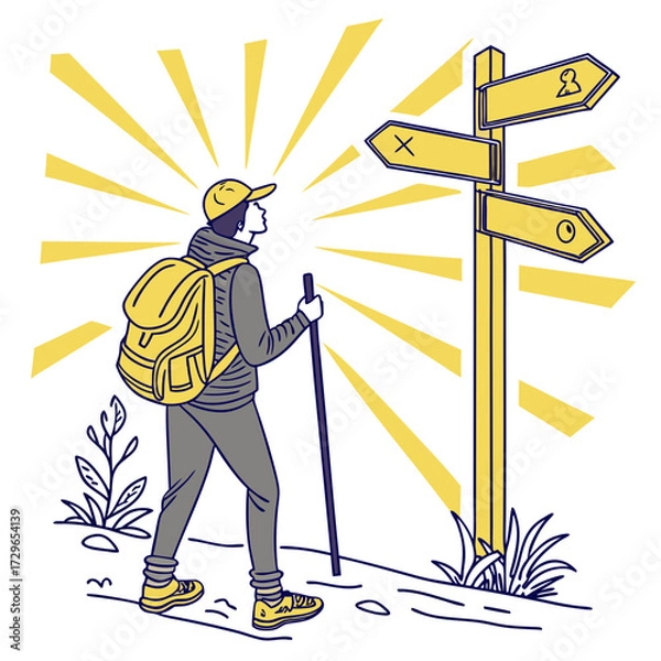 Fototapeta A hiker stands at a crossroads with a signpost showing multiple directions contemplating their next move on a sunny day