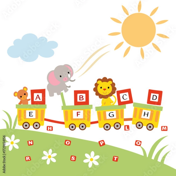 Fototapeta Cute cartoon animals and alphabet blocks on a train with a sun and cloud perfect for early childhood education and learning